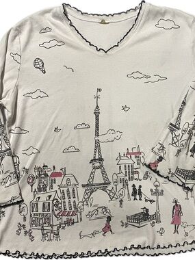 Paris Scene 3/4 Sleeve Tee in Cream with Black & Pink Accents